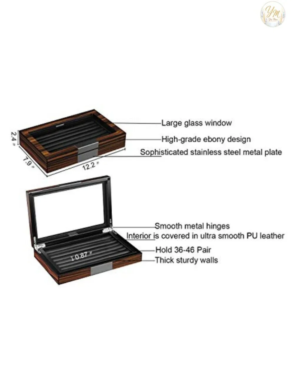 Men's Wooden Cufflink Box Organizer with Real Glass Window, Velvet Lined, 36-46